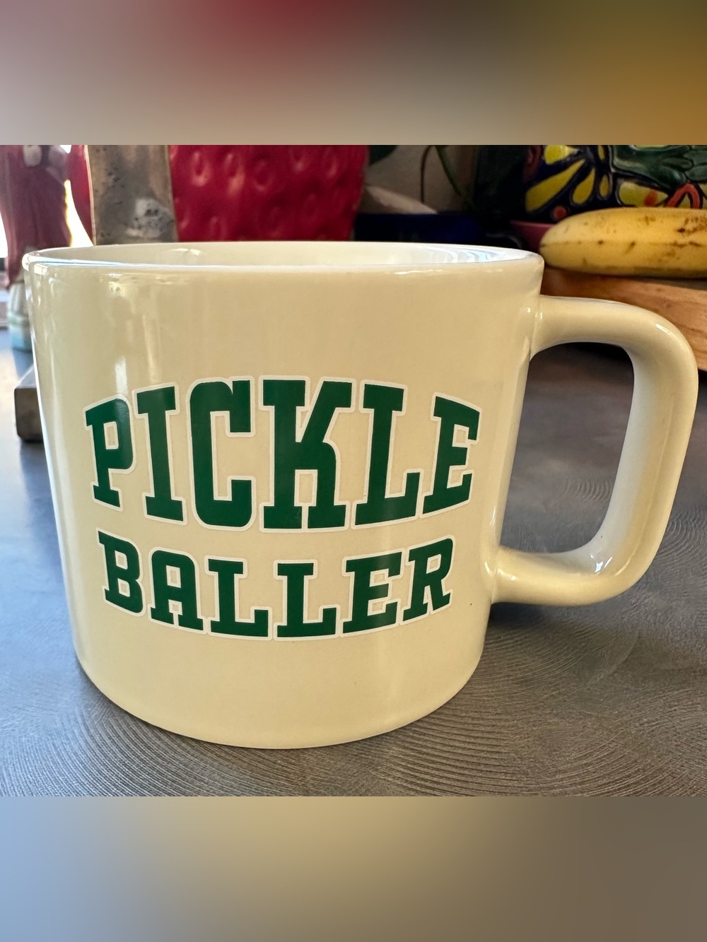 Pickle Baller Ceramic Coffee Mug in Cream with Green Lettering